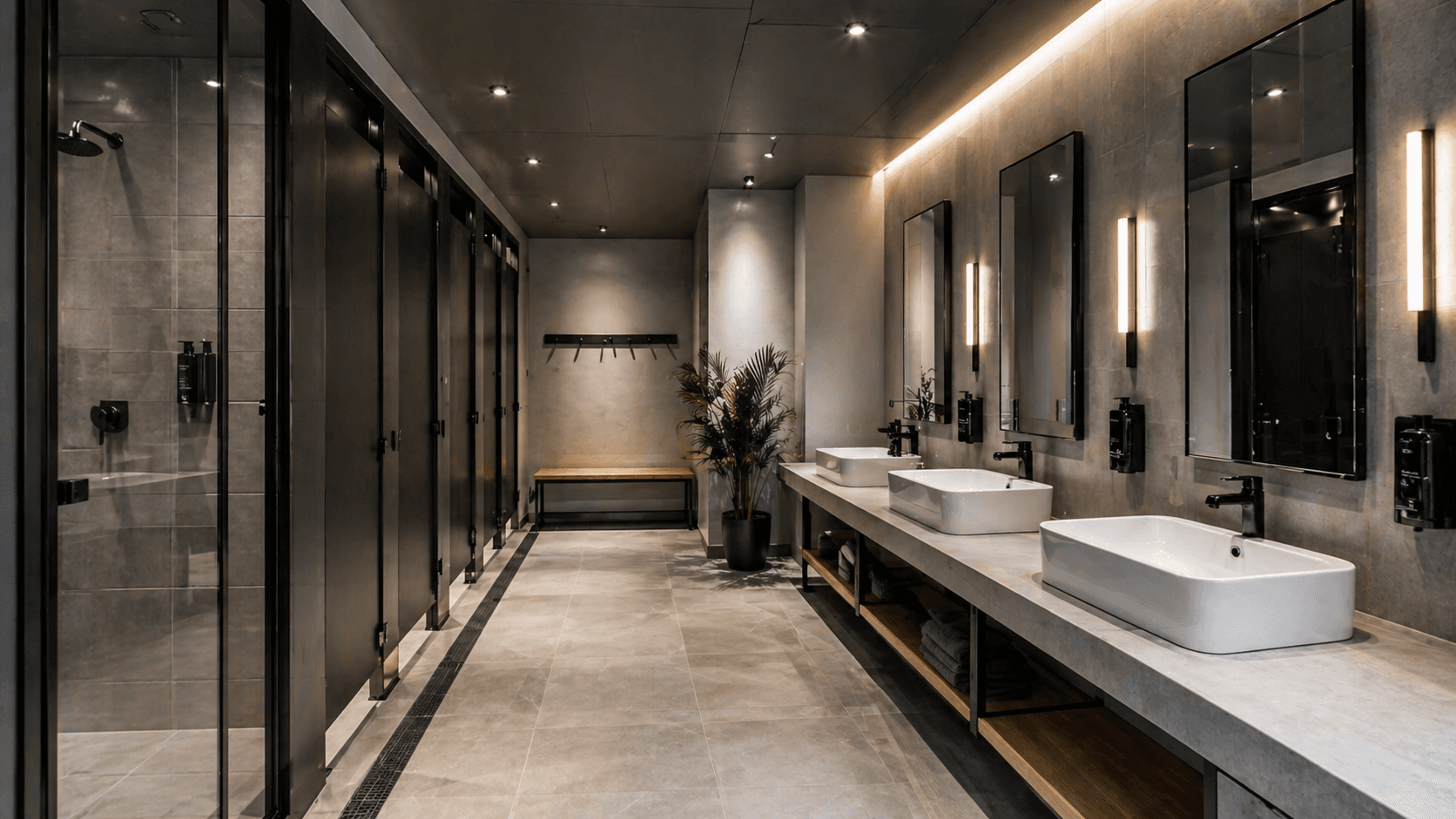 Clean shared bathroom with showers, mirrors, and sinks