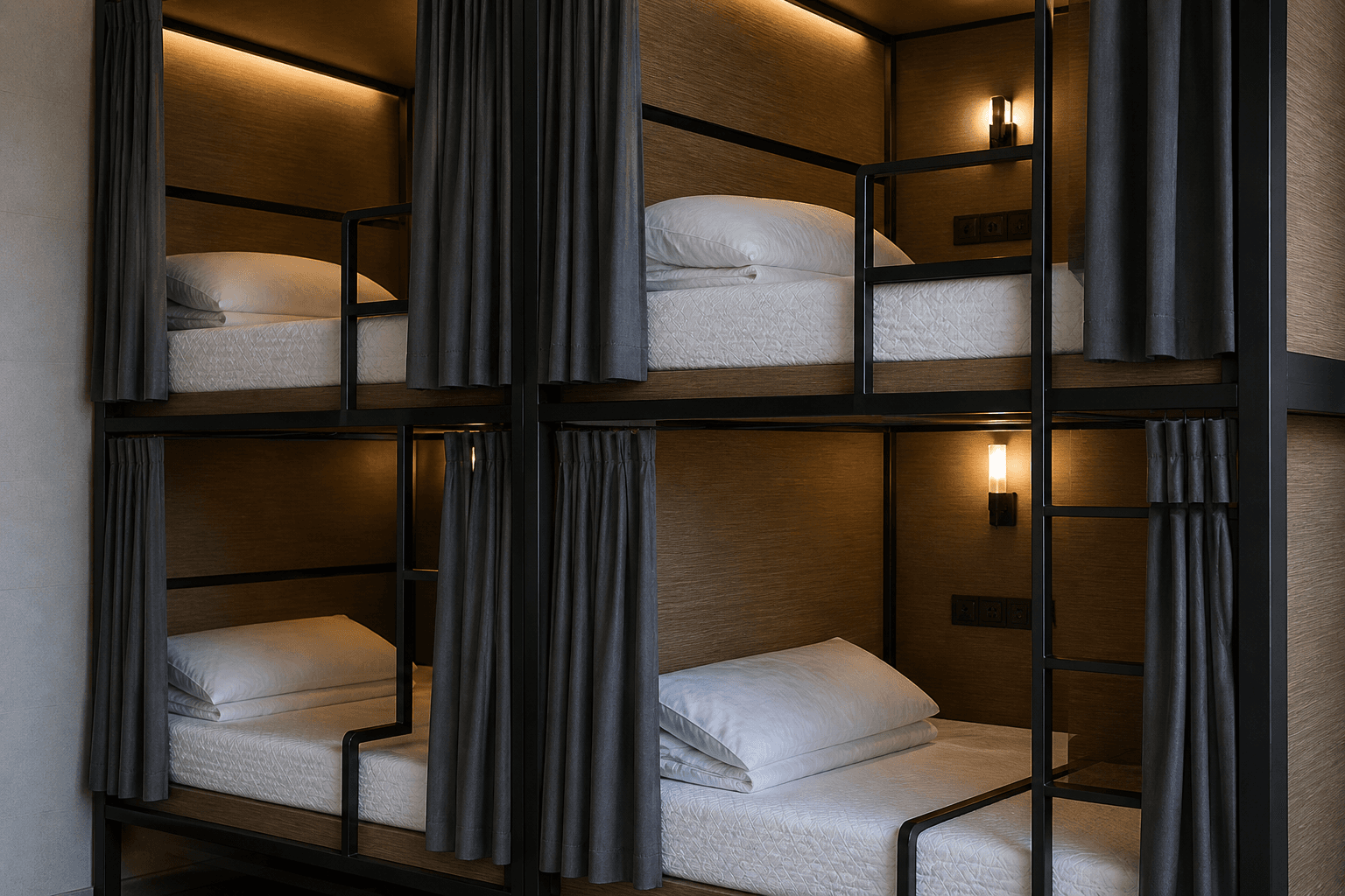 Shared hostel bunk beds with curtains and warm lighting