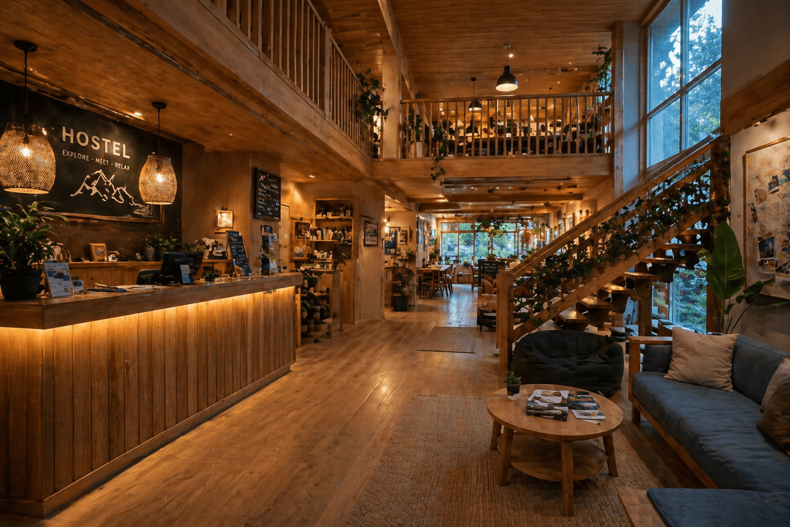 Warm wooden hostel lobby with reception and lounge seating